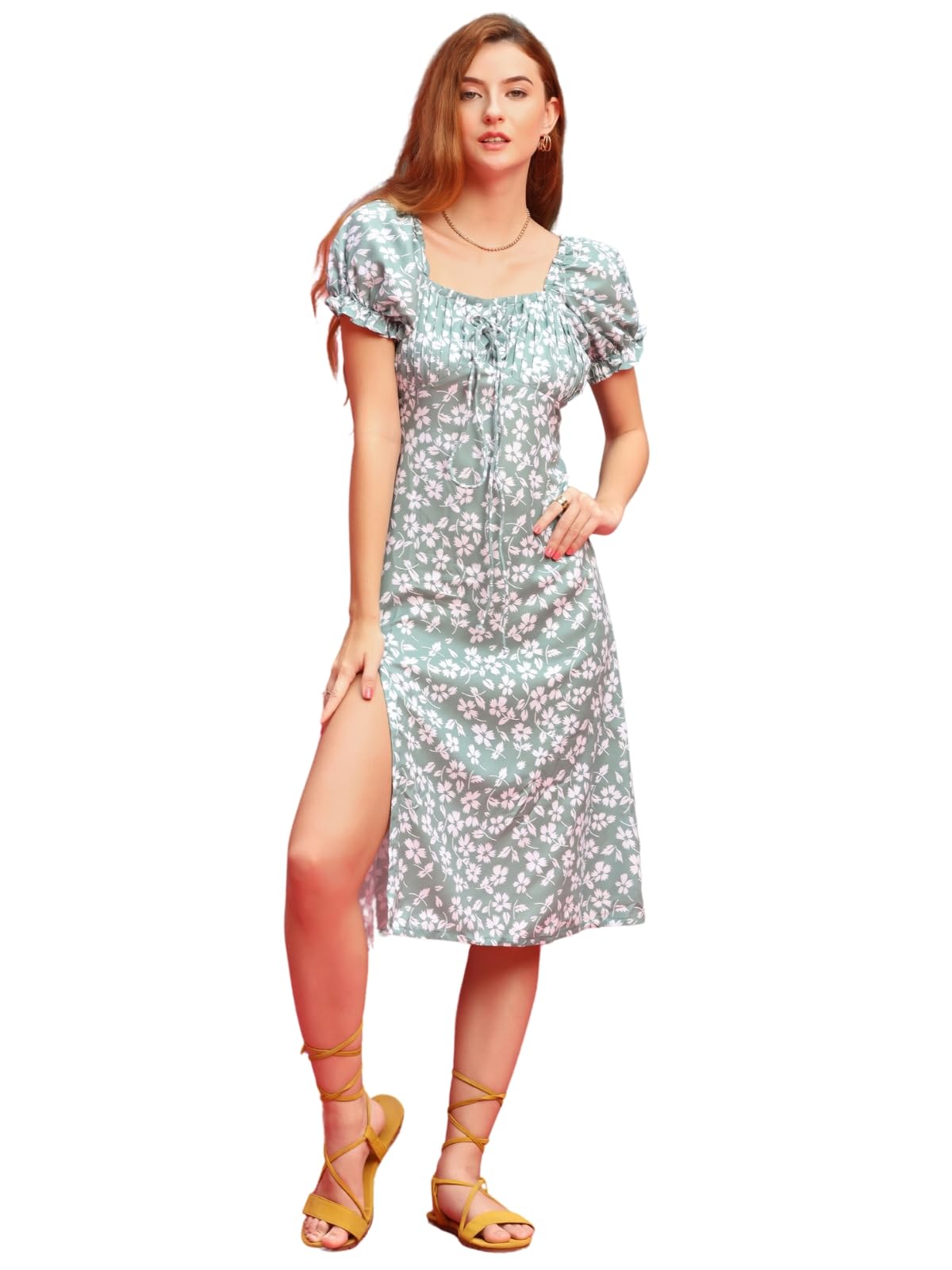 Greciilooks Western Dress For Women| Rayon Flower Design| Square Neck & Leg Split Dress| Short Balloon Sleeves Dress For Girls|
