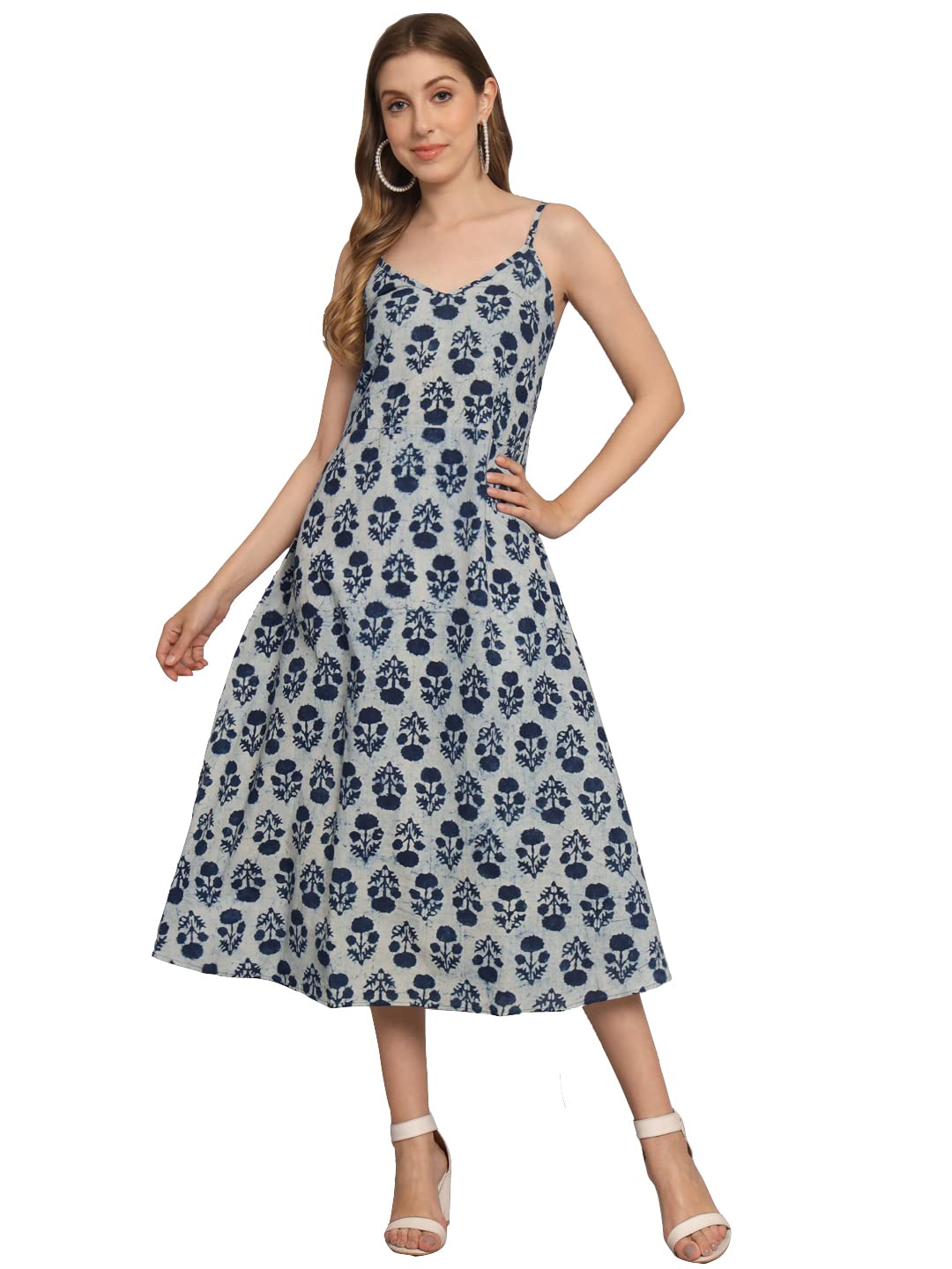 Peppyzone Women'S Handblock Printed Sleeveless Shoulder Strip Cami Dress