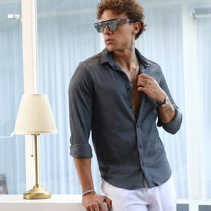 Campus Sutra Mens Powder Grey Solid Creased Shirt | Casual Wear | Spread Collar | Long Sleeve | Button Closure | Shirt Crafted