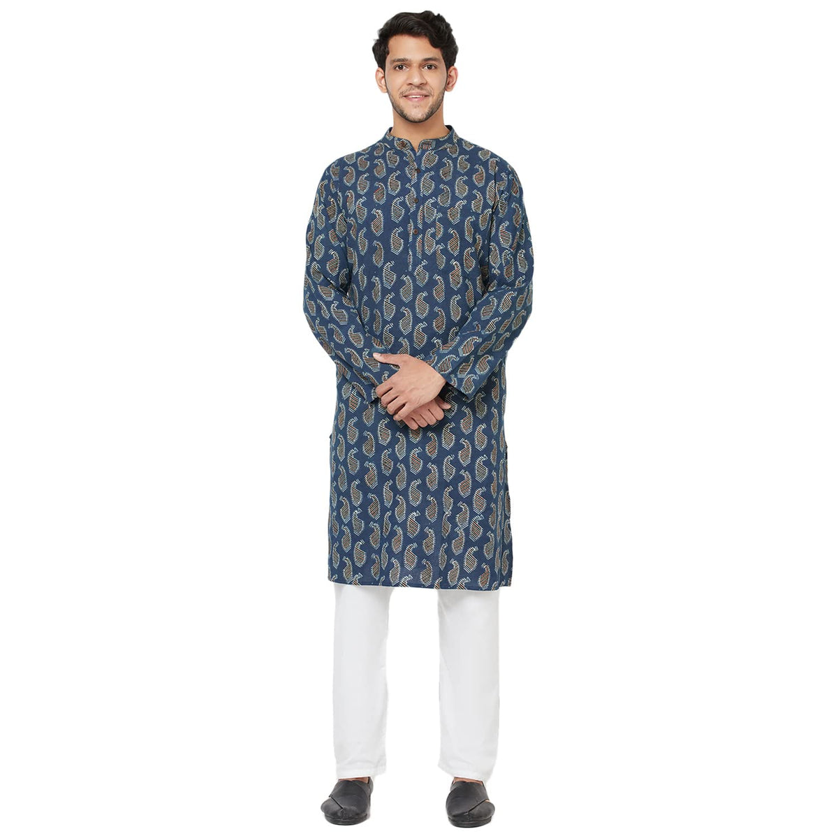 Fabindia Men Cotton Ajrakh Printed Long Kurta Indigo_S