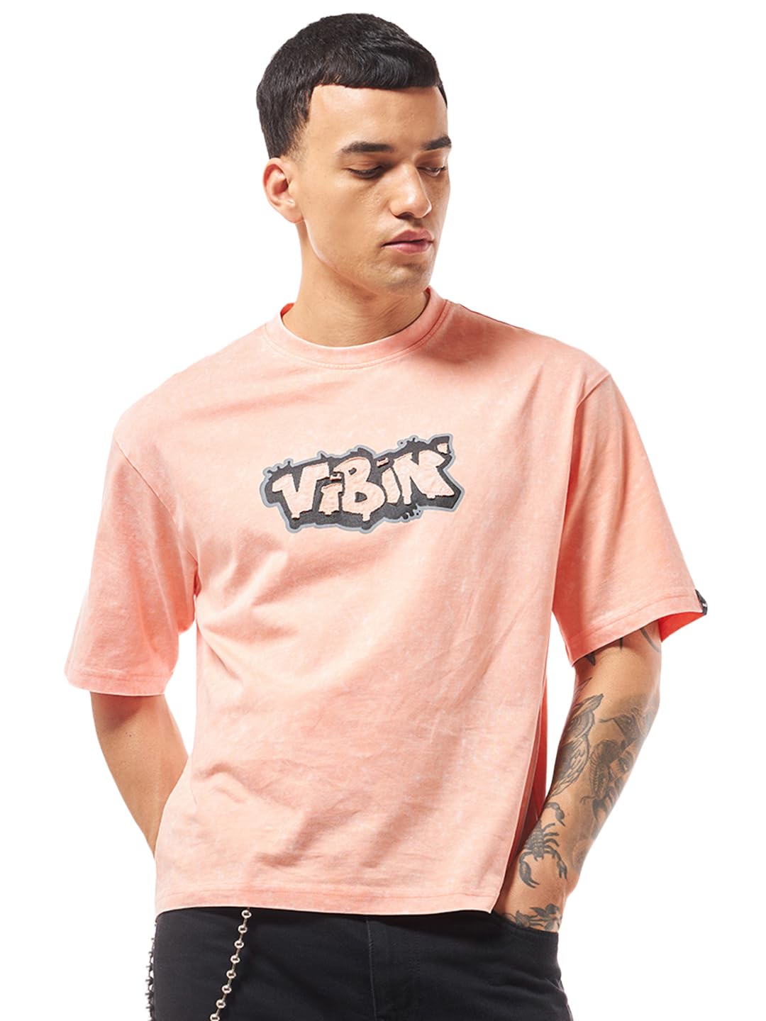 Bewakoof Mens Graphic Print Oversized Fit Half Sleeve Round Neck Pure Cotton Acid Wash T-Shirt_635551_Orange_XL