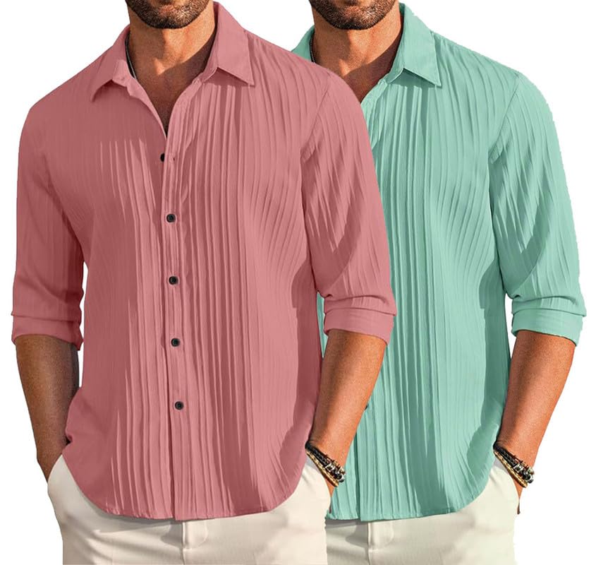 Deelmo Combo Of MenS Casual Button Down Shirts Long Sleeve Linen Shirt Fashion Textured Summer Shirts Pack Of 2