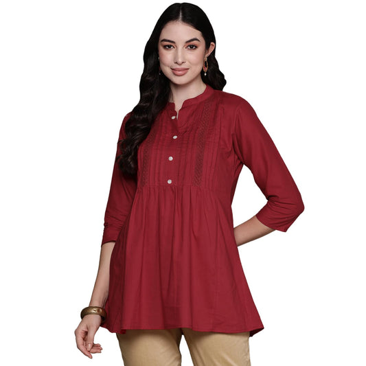anubhutee Women's Pure Cotton Striped Maroon Straight Kurti