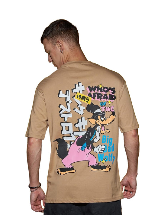 Bewakoof Official Disney Merchandise Mens Graphic Printed Oversized Half Sleeve Round Neck Cotton Jersey T-Shirt_624575_Brown_X