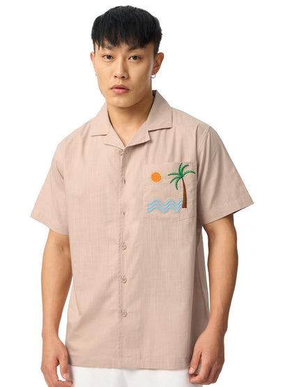 The Souled Store Aurora Men and Boys Short Sleeves Collared Neck Button Front Beige Embroidered Cotton Holiday Shirts