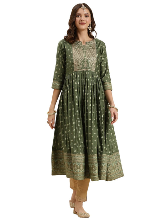 rangita Green Silk Calf Length Embroidered Anarkali Kurti for Women | Kurta for Women