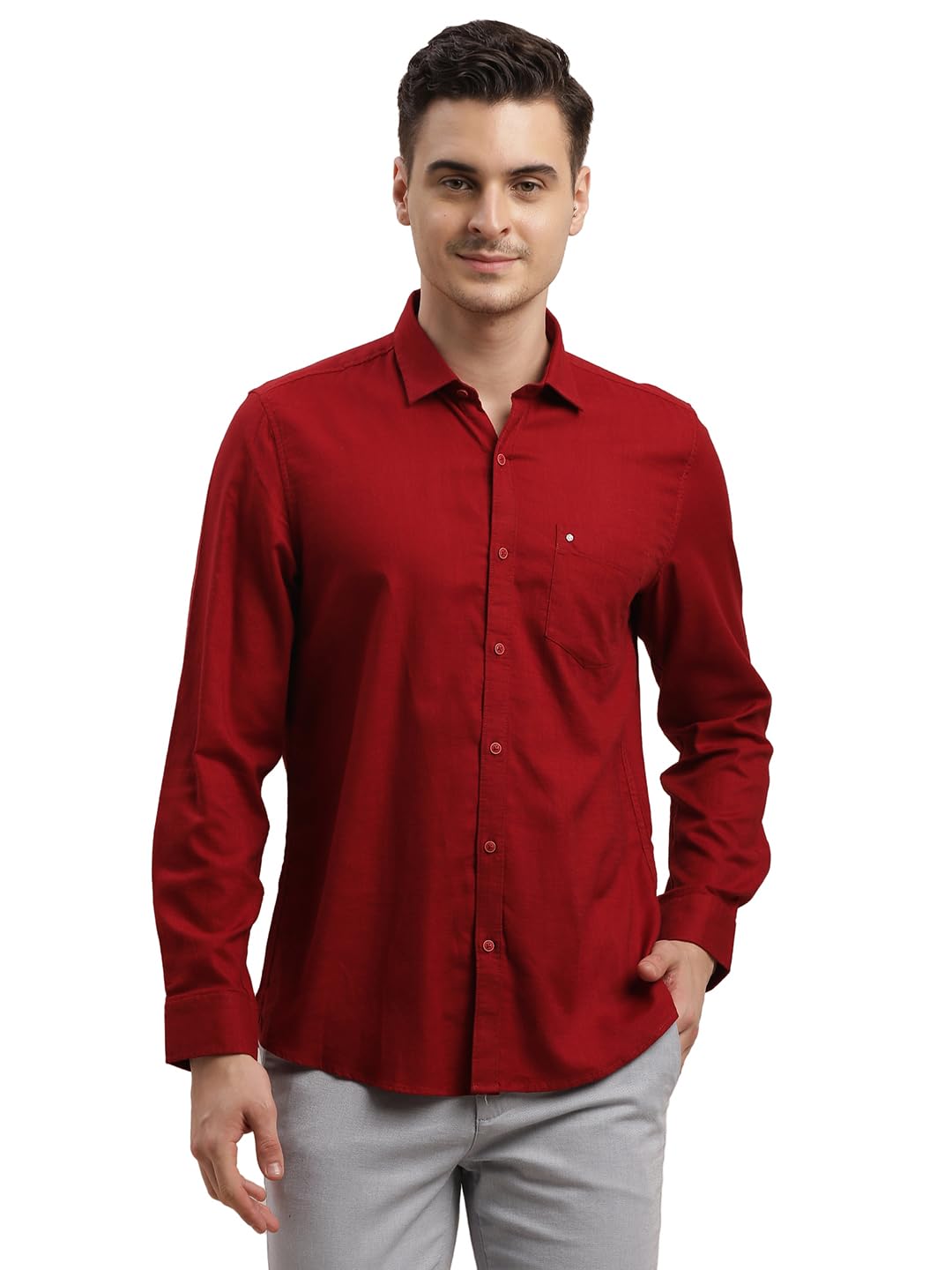 Turtle Men Pure Cotton Slim Fit Solid Full Sleeve Red Casual Shirt