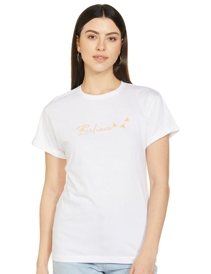 Bewakoof Women Minimal Believe Boyfriend White Half Sleeve Round Neck Printed T-Shirt