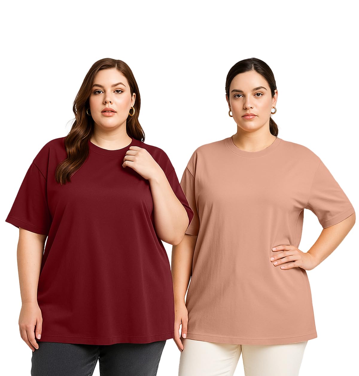 Juneberry 100% Pure Cotton Oversized Baggy Fit Drop Shoulder Solid Core Plus Size T-Shirt Combo For Women (Pack Of 2) (Po2_Jb_Ps