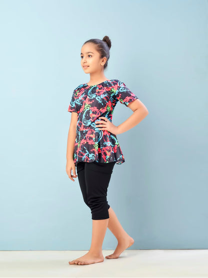 Aarika Girls Sports Wear Black-Rani Colour Abstract Print Nylon Swim Suit (5-15 Years)-(SW-SHM-C-1119)