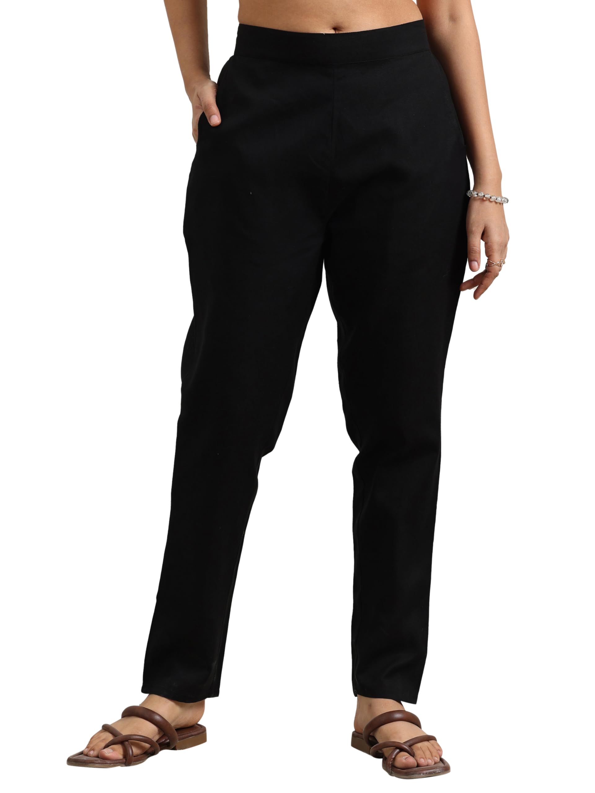 Libas Womens Solid Cotton Trousers For Women Black