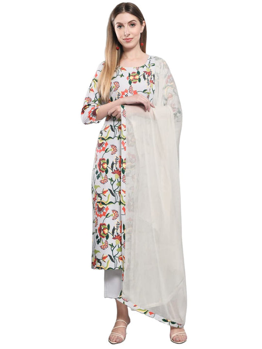 ANNI DESIGNER Women's Cotton Blend Floral Printed Straight Kurta with Pants & Dupatta (Niyama)