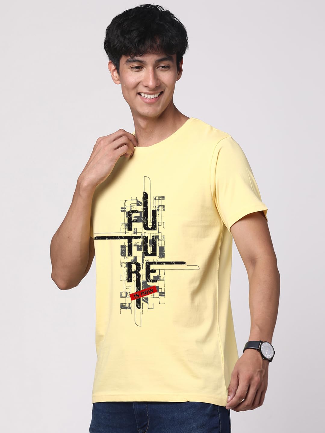 ADRO Men's Graphic Printed 100% Cotton T-Shirt - Regular Fit, Printed T-Shirts for Men (RN24-FTR-LY_Light Yellow)