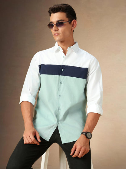 Dennis Lingo Men Colorblock 100% Cotton Regular Fit Full Sleeves Shirts White