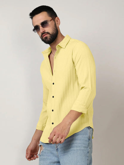 Finivo Fashion MenS Casual Cotton Plain Button Down Shirts Long Sleeve Textured Summer Beach Shirt For Men Yellow