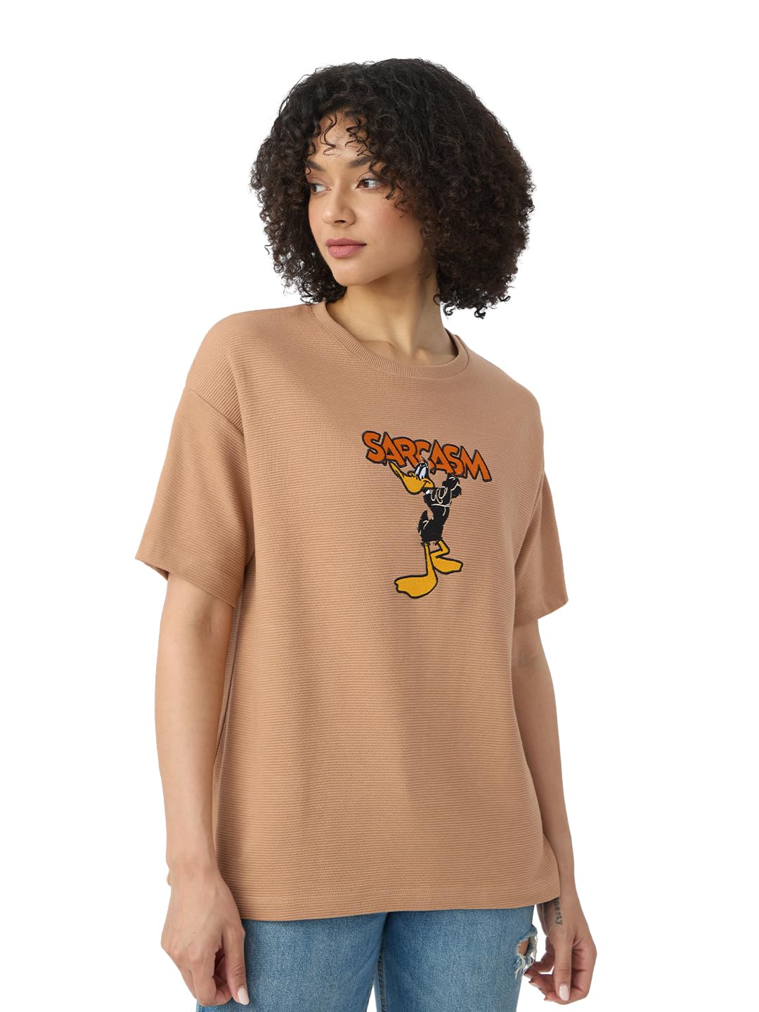 The Souled Store Textured T-Shirt: Looney Tunes Women and Girls Short Sleeves Round Neck Brown Embroidered Cotton Oversized T-Sh
