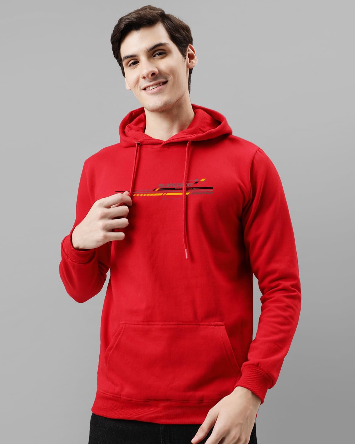 ADRO Men's Cotton Blend Neck Hooded Sweatshirt (H24-RAC-RD_Red