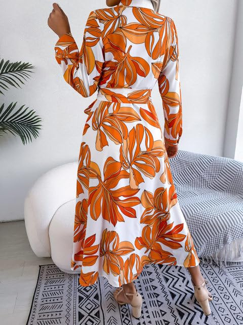 Gufrina WomenS Crepe Midi Dress With Full Sleeves Floral Printed Collar Neck Maxi Length Regular Fit And A Line Style Orange
