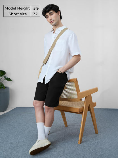 The Souled Store Denim Shorts: Sleek Black Men and Boys Buttoned Knee Length Solid Regular Fit Cotton Denim Shorts