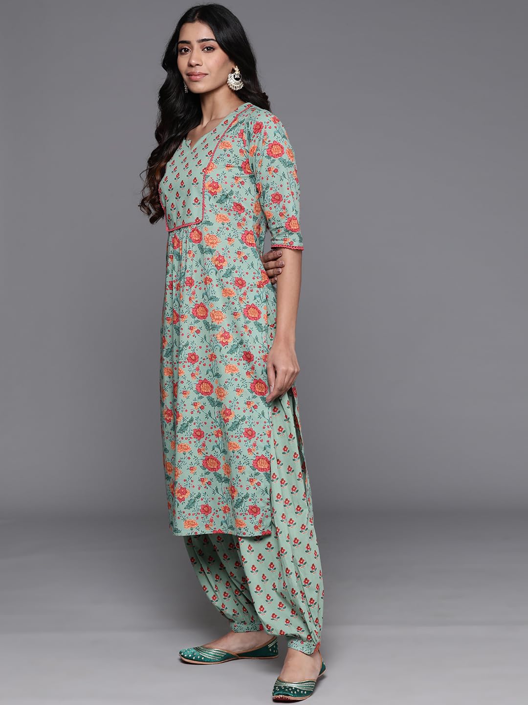 Libas Green Printed Cotton Straight Kurta With Salwar
