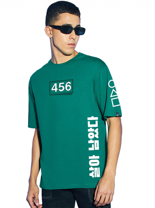 Bewakoof Official Squid Game Merchandise Mens Typography Oversized Fit Half Sleeve Round Neck Cotton Jersey T-Shirt_655110_Gree