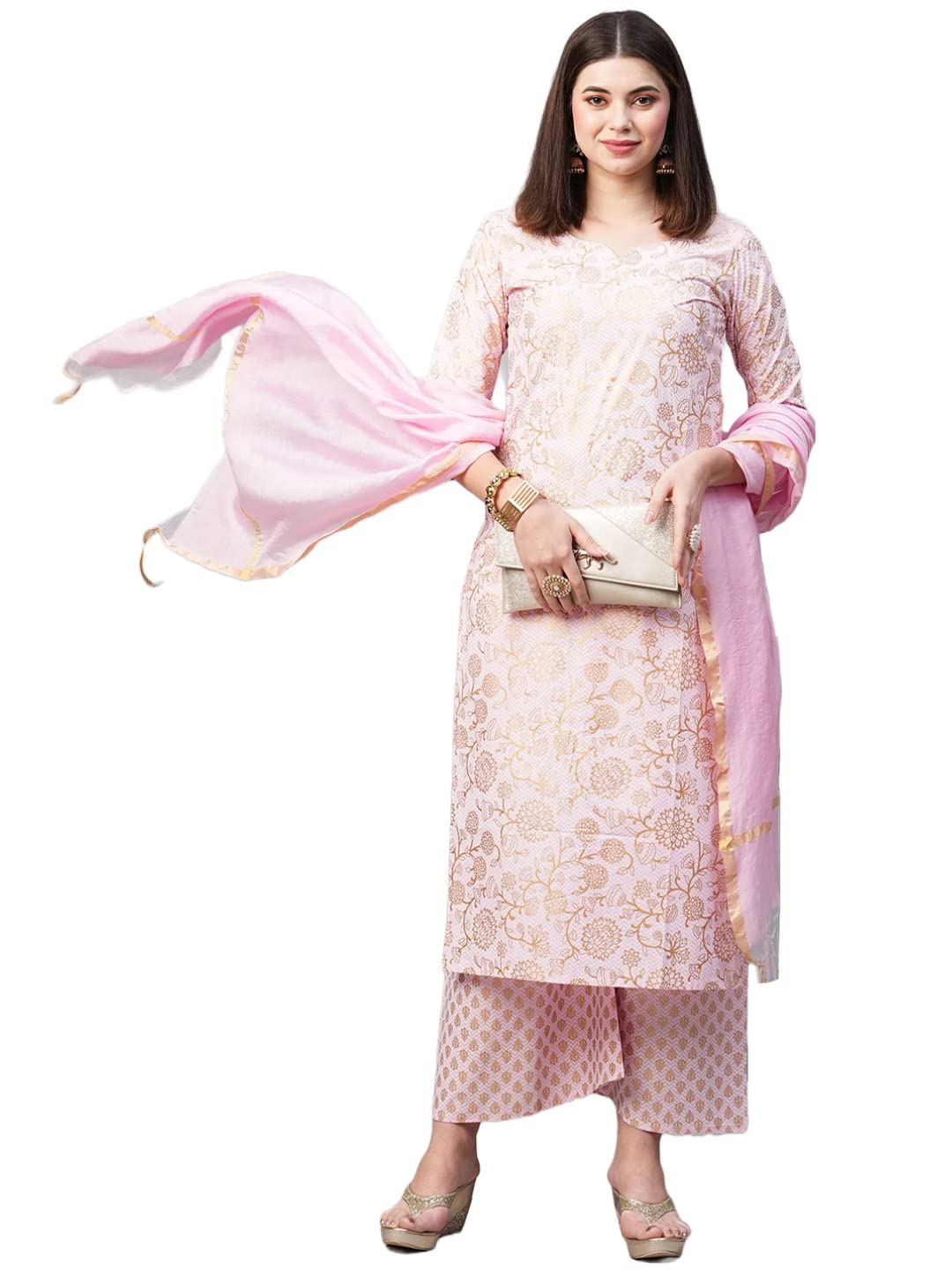 Anni Designer WomenS Cotton Blend Printed Straight Kurta With Palazzos & Dupatta (Ghost-Off-Pink_S_Pink_Small)