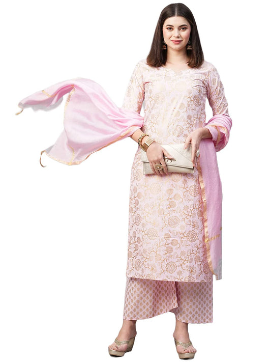 Anni Designer WomenS Cotton Blend Printed Straight Kurta With Palazzos & Dupatta (Ghost-Off-Pink_S_Pink_Small)