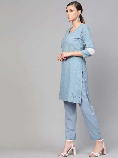 idaLia Cotton Blend Kurta Set for Women, 3/4 Sleeve, Calf-Length, Elegant Design for Special Occasions