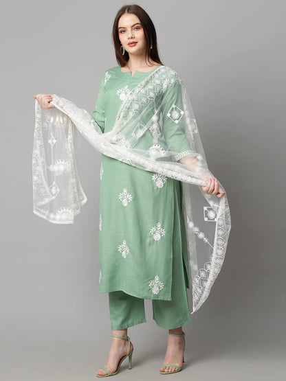 GoSriKi Women's Cotton Blend Kurta with Palazzo & Dupatta (Coin-GO_Pista_XX-Large)