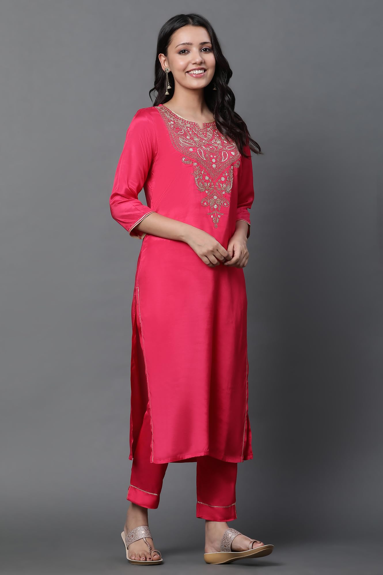 Dark Pink Dori Embroidered Kurta, Trousers And Dupatta Set