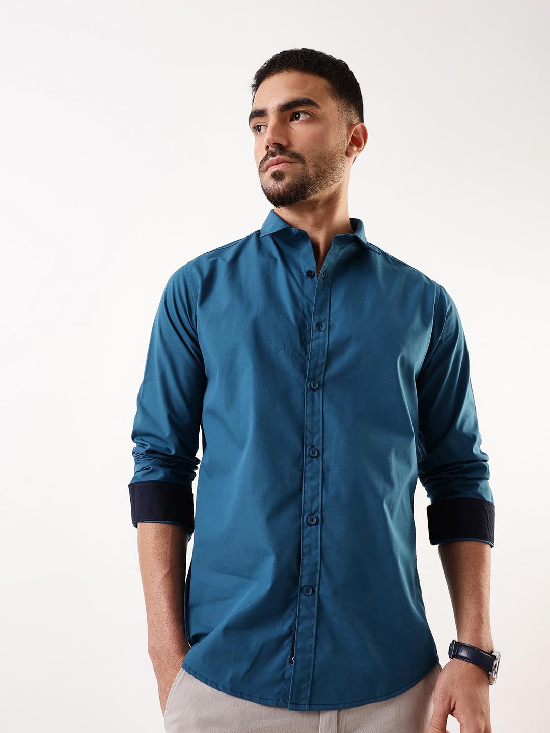 Dennis Lingo Men Teal Solid Spread Collar Full Sleeves Regular Fit Cotton Casual Shirt