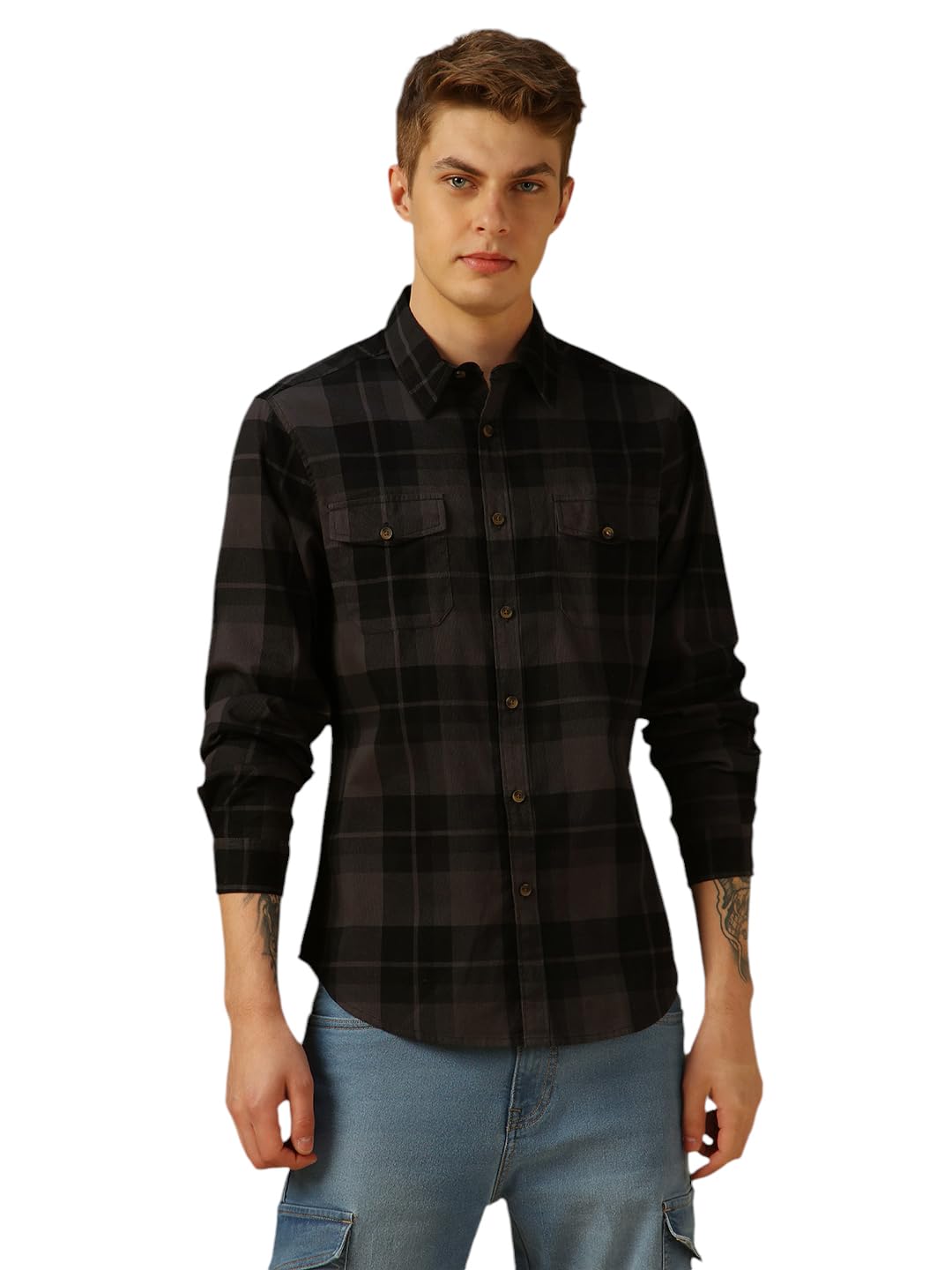 Dennis Lingo Men Grey Checks Cotton Regular Fit Full Sleeve Shirt