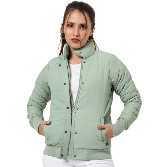 Campus Sutra Women Light Green Puffer Regular Fit Bomber Jacket For Winter Wear | Standing Collar | Full Sleeve | Buttoned | Cas