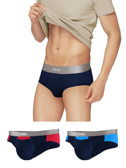XYXX Mens Underwear Illuminati IntelliSoft Antimicrobial Micro Modal Brief Pack of 3 (Black Iris & Tango Red ; Black Iris & Bri