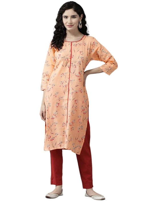 Aarika Womens Peach Colour Cotton Blend Floral Print Kurti