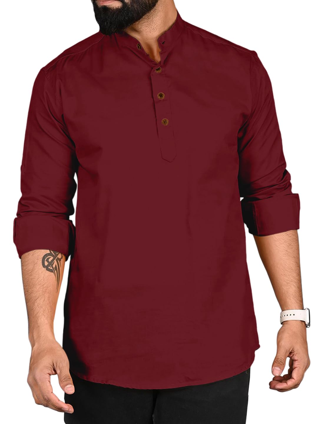 Finivo Fashion MenS Cotton Polyester Blend Solid Regular Fit Full Sleeve Short Kurta Maroon