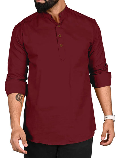 Finivo Fashion MenS Cotton Polyester Blend Solid Regular Fit Full Sleeve Short Kurta Maroon