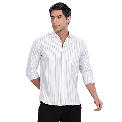 Mildin MenS White Pure Cotton Full Sleeve Spread Collar Regular Fit Striped Printed Formal Shirt With Patch Pocket (White Oxfor