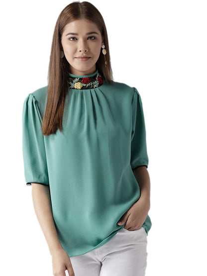 Style Quotient Women Solid Aqua Green Polymoss Embroidered Smart Casual top