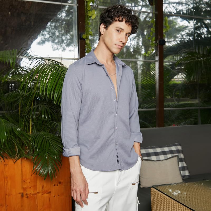 Campus Sutra Mens Coin Grey Waffle-Textured Shirt for Casual Wear | Spread Collar | Long Sleeve | Button Closure | Shirt Crafte