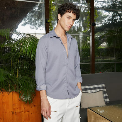 Campus Sutra Mens Coin Grey Waffle-Textured Shirt for Casual Wear | Spread Collar | Long Sleeve | Button Closure | Shirt Crafte
