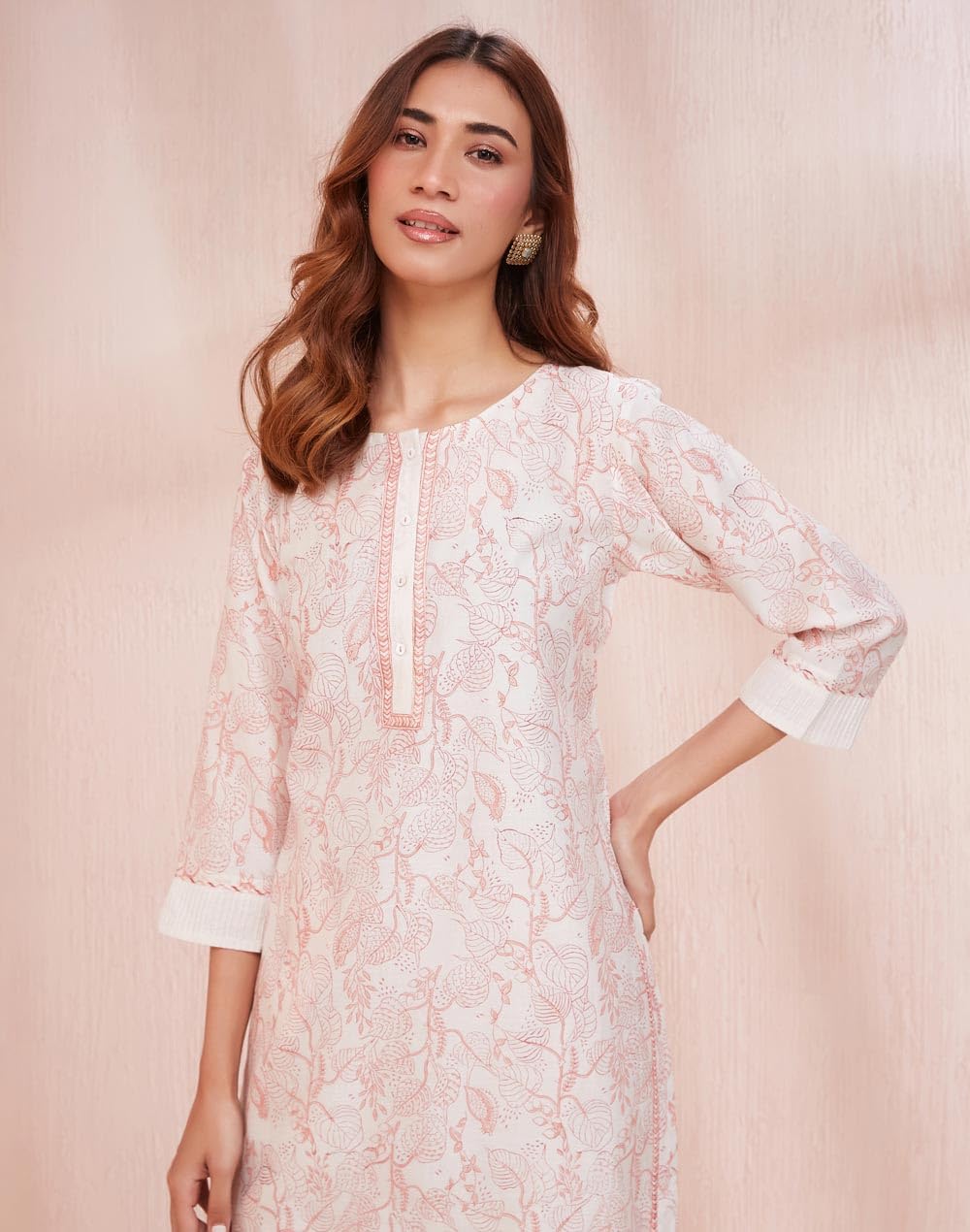 Fabindia WomenS Cotton Silk Printed Regular Kurta (1037288Natural- Off White-Pink