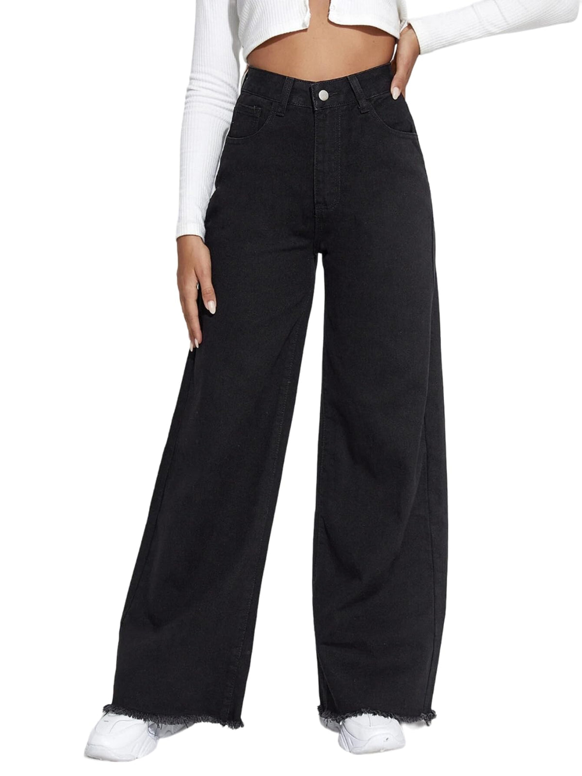Kotty WomenS High Rise Solid Cotton Blend Stylish Jeans(Black,32)