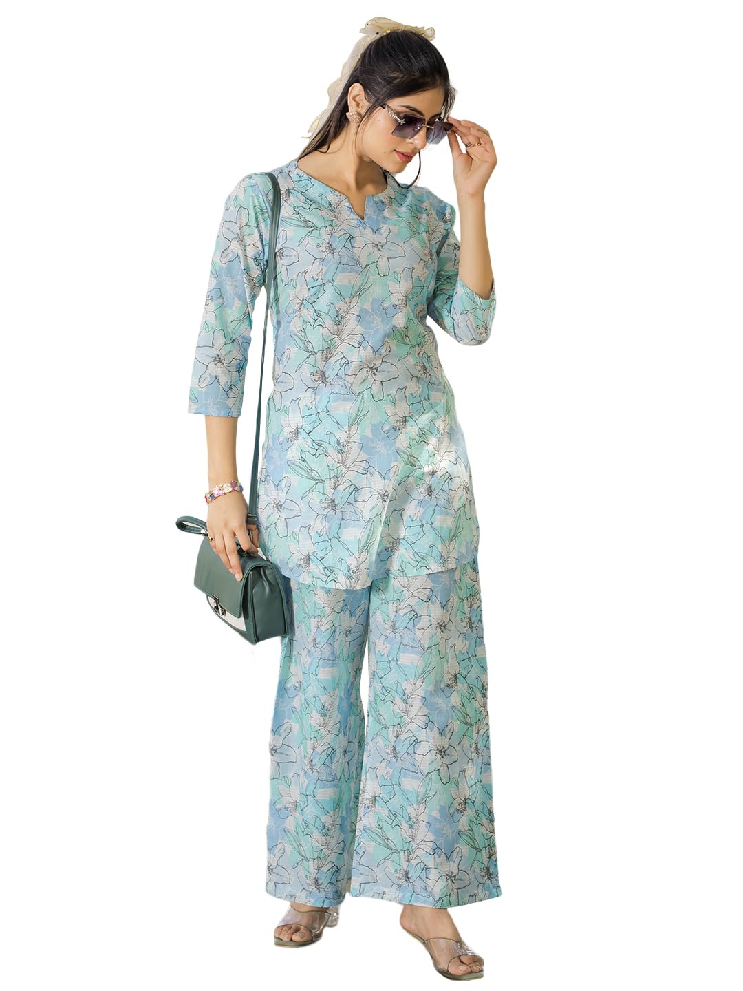 Pinkmint Womens Pure Cotton Co Ord Set l Flower Printed Co Ord Set l Stylish Pocket & 3/4 Sleeve Women Co-ord Set Sky Blue