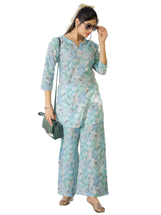 Pinkmint Womens Pure Cotton Co Ord Set l Flower Printed Co Ord Set l Stylish Pocket & 3/4 Sleeve Women Co-ord Set Sky Blue
