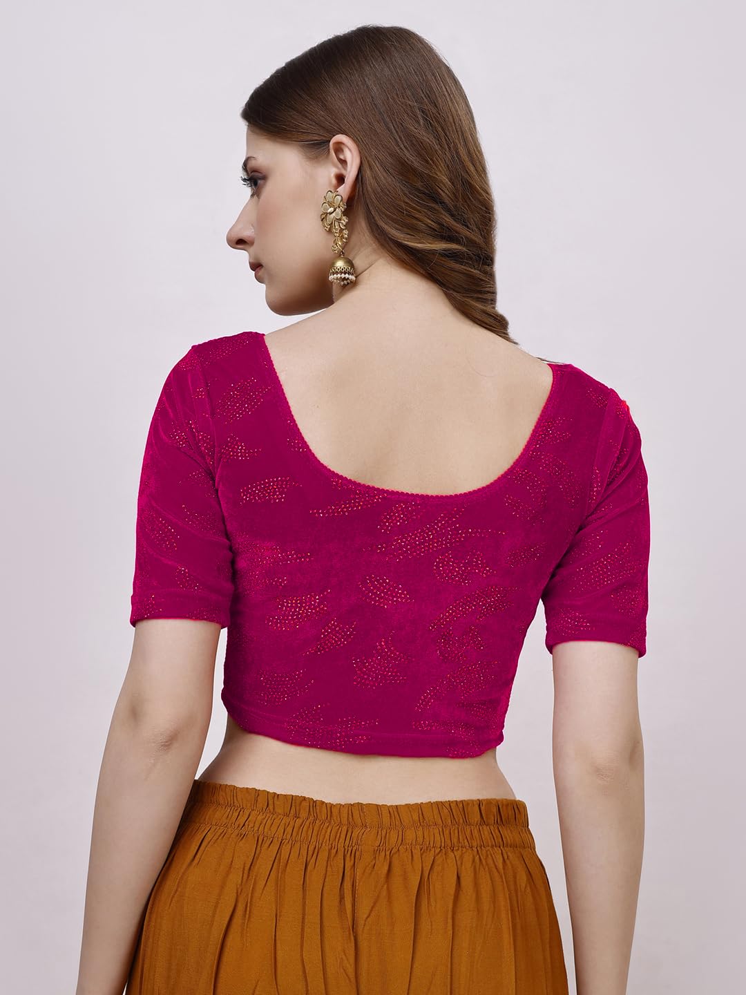 Vihu Fashion WomenS Readymade Hosiery Velvet Lycra Stretchable Round Neck Half Sleeve Blouse Fancy Pink Color Lycra Stretchable