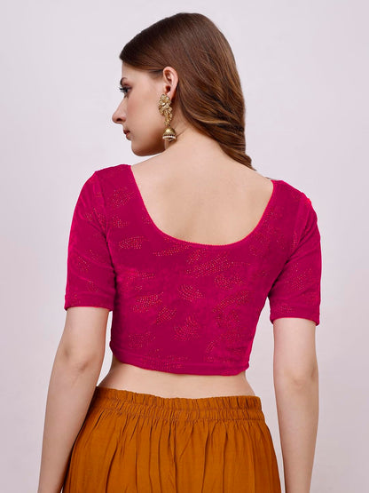 Vihu Fashion WomenS Readymade Hosiery Velvet Lycra Stretchable Round Neck Half Sleeve Blouse Fancy Pink Color Lycra Stretchable