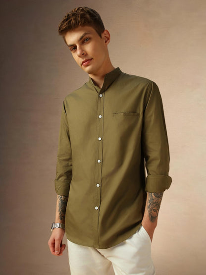 Dennis Lingo MenS Lt Olive Full Sleeve Mandarin Collar Solid Regular Fit Casual Shirt