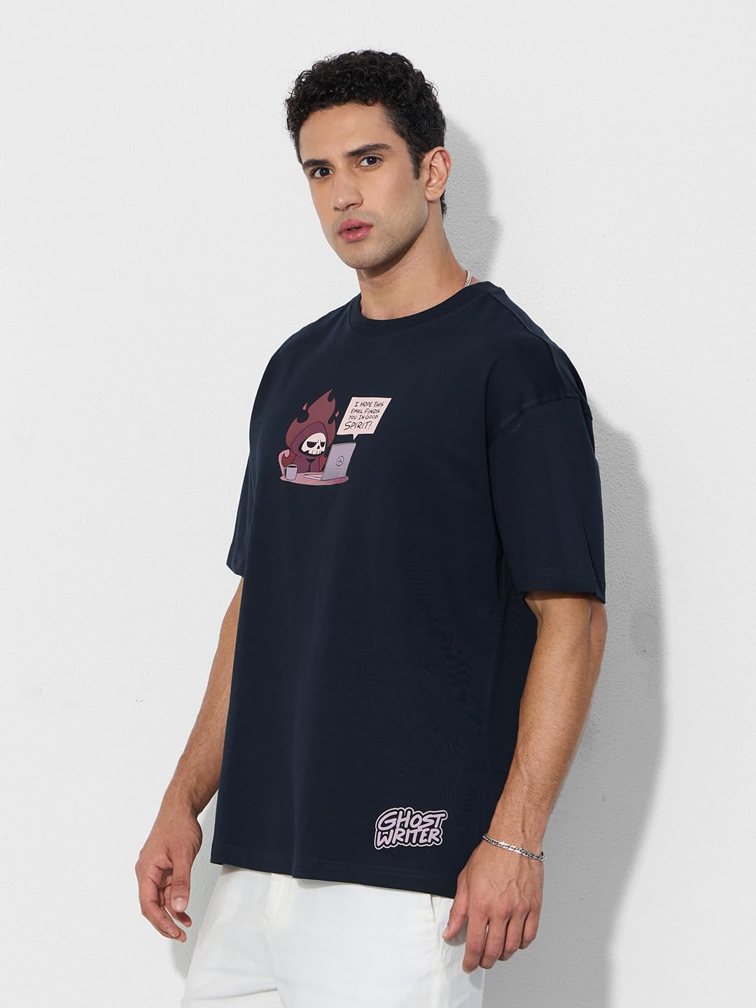 The Souled Store Original: Ghost Writer Men and Boys Short Sleeves Round Neck Navy Blue Graphic Printed Cotton Oversized T-Shirt