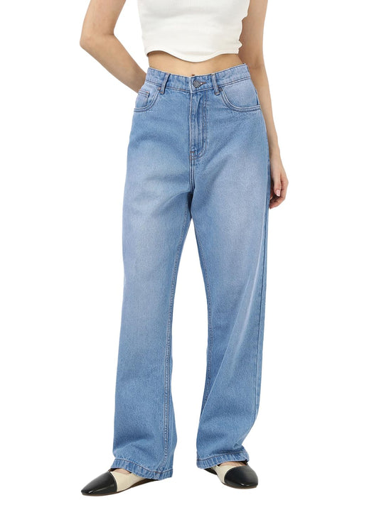 Bewakoof Womens Washed Straight Fit Pure Cotton Baggy Jeans_662201_Blue_28